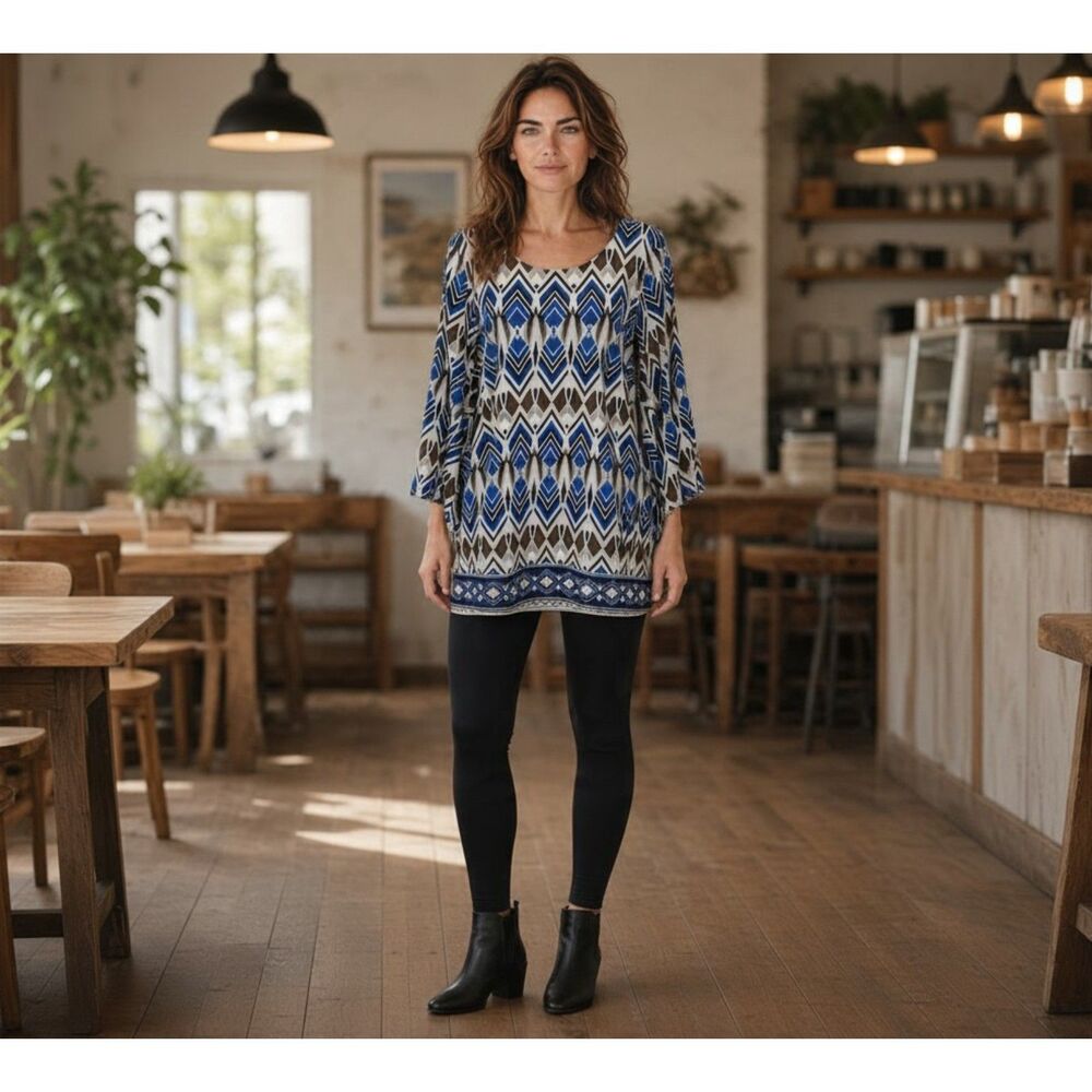 Alfani Woman's Petite Large Flared Sleeve Blue Brown Geometric Pattern Blouse